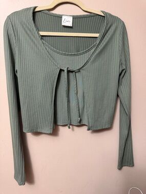 Sage Green Ribbed Tie-Front Long Sleeve Top